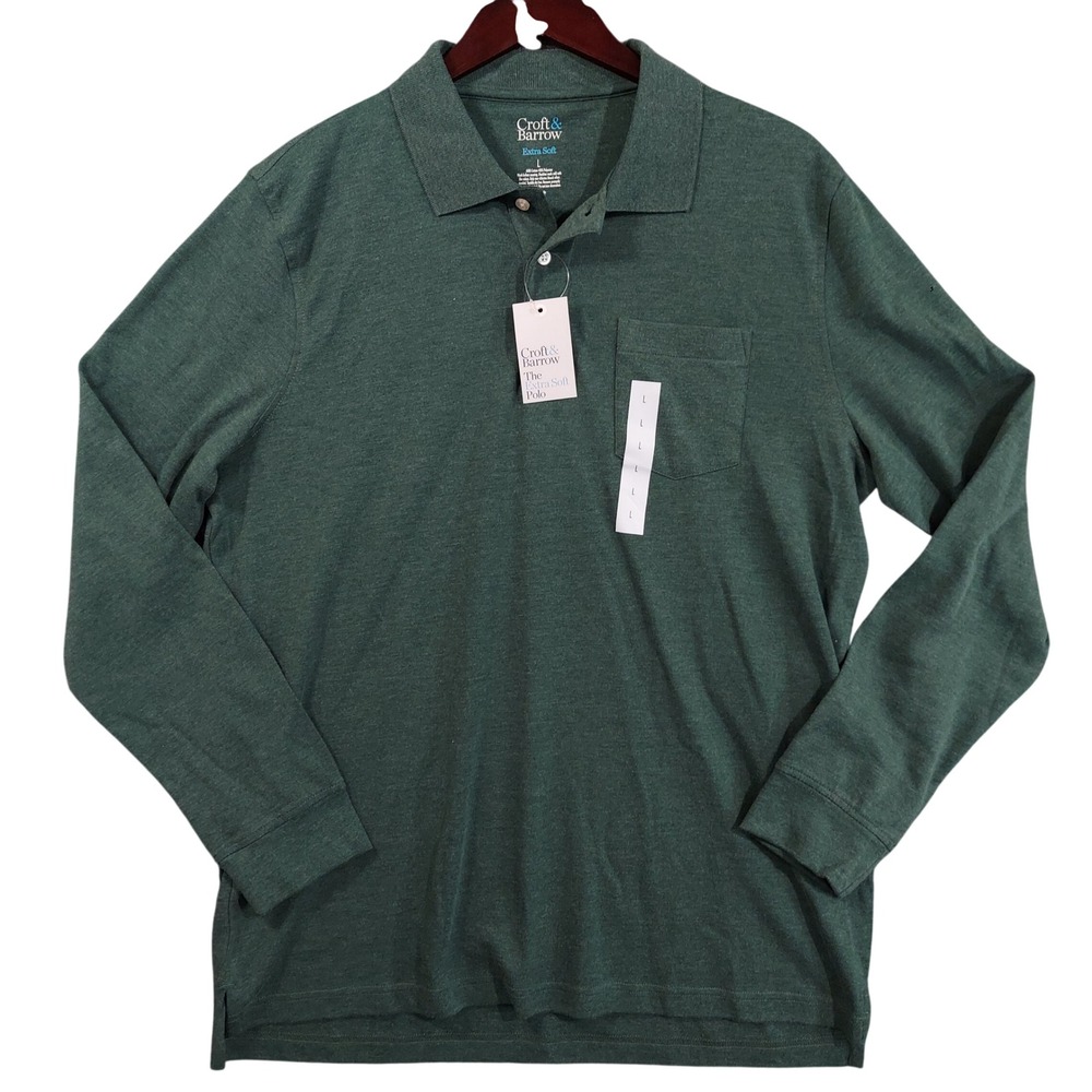 Croft & Barrow Polo Shirt Men Large Green Extra Soft Long Sleeve Heathered 12563